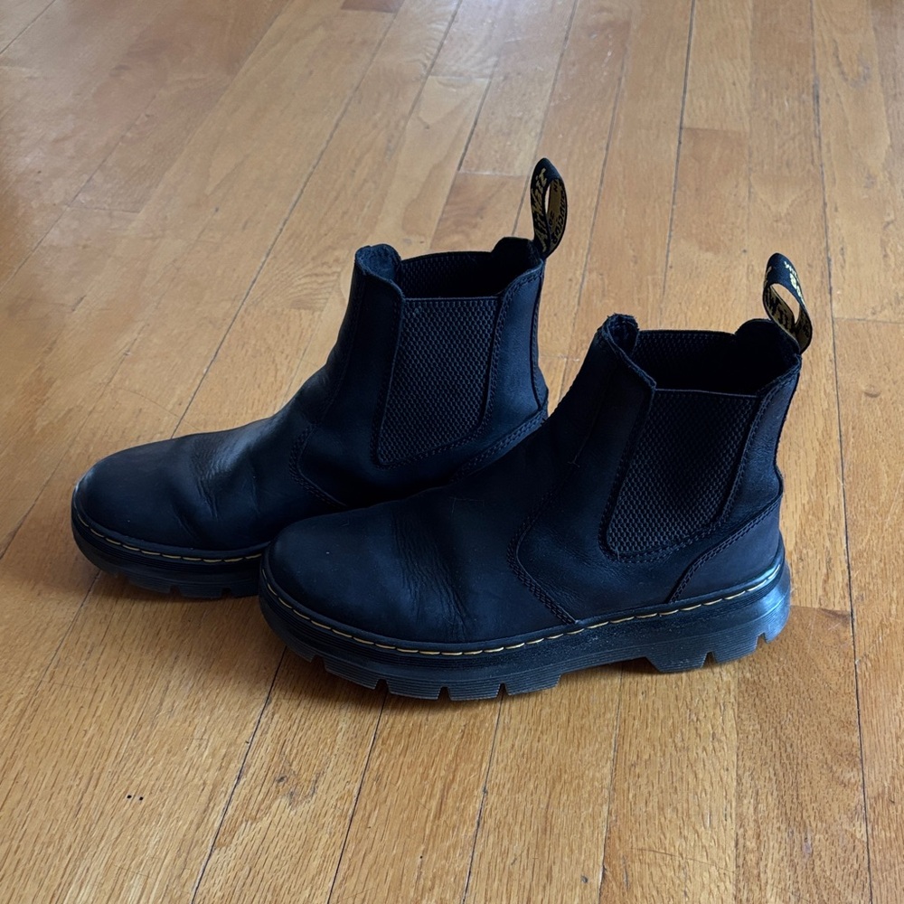 Dr. Martens Black Chelsea Lug-Soled Combat Boots with Yellow Stitching